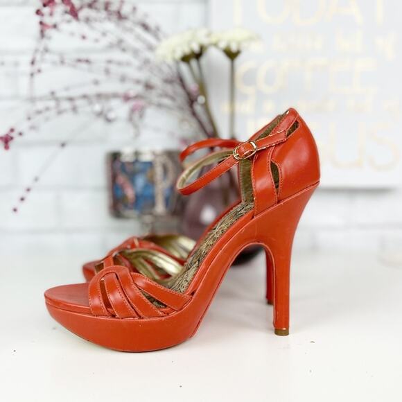 Michael Antonio Orange Leather Strappy Platform Stiletto High Heels Size 8.5 M - Picture 2 of 9